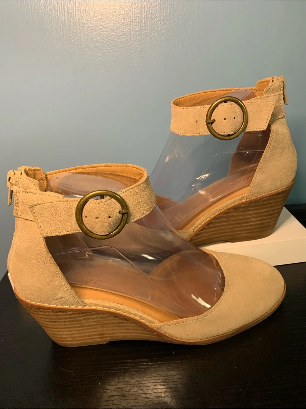 Crown Vintage Beige Suede Ankle-Strap Pumps